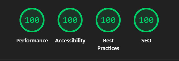 Google Lighthouse scores: 100 Performance, 100 Accessibility, 100 Best Practices, 100 SEO